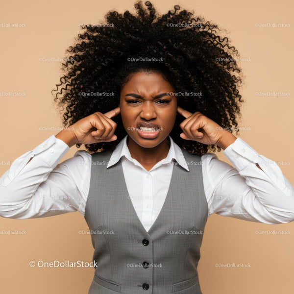 Frustrated Businesswoman Covering Ears with Confused Expression