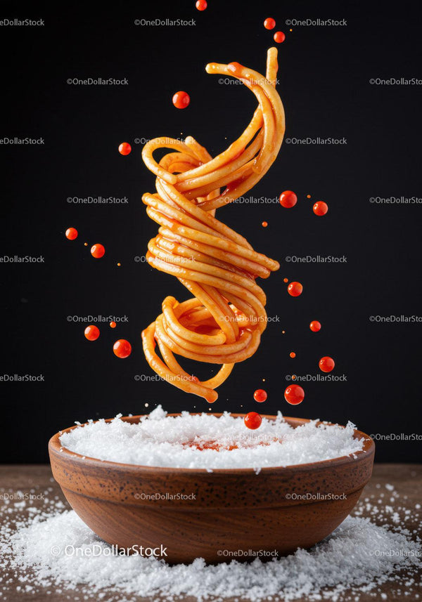 Spiral of spaghetti with sauce droplets over salt bowl