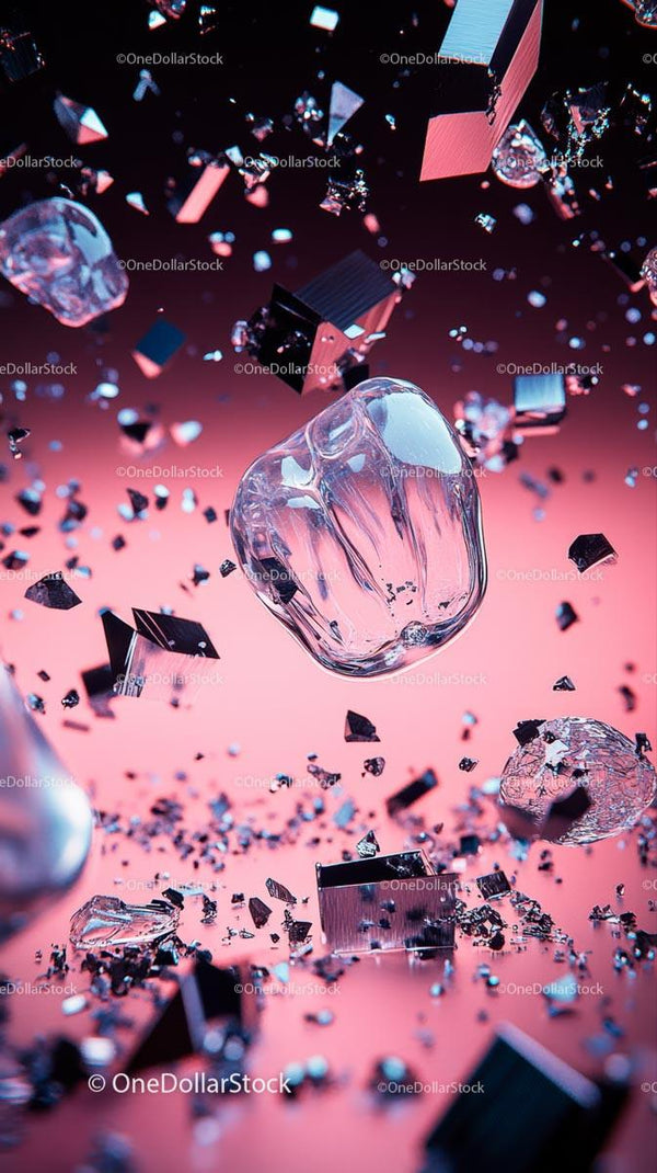 Dynamic Glass and Metal Particles Floating Against Pink Background