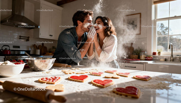 Couple playfully baking heart shaped cookies in kitchen
