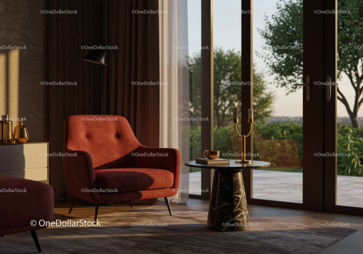 Cozy modern armchair by window with candlelit table