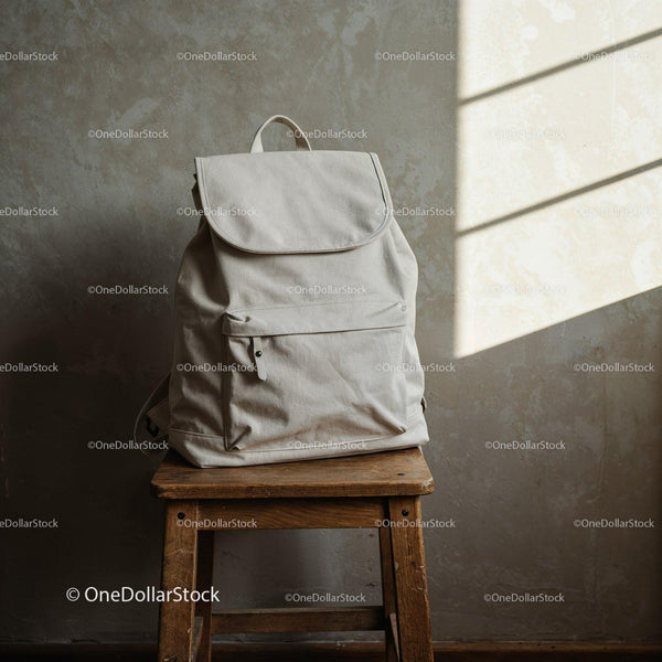 Minimalist beige backpack on wooden stool by window light JPG Mockup Image