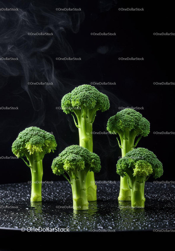 Steaming Fresh Broccoli Florets on Black Surface