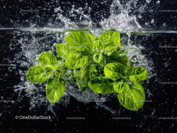 Fresh Basil Leaves Floating in Water Creating a Splash