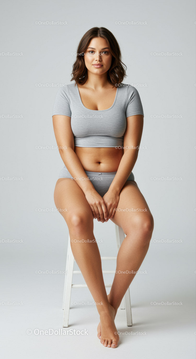 Young Woman Sitting on Stool Wearing Casual Grey Outfit