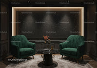 Cozy modern living room with green velvet armchairs