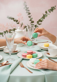 Elegant pastel macarons on a luxurious dining table with fine china