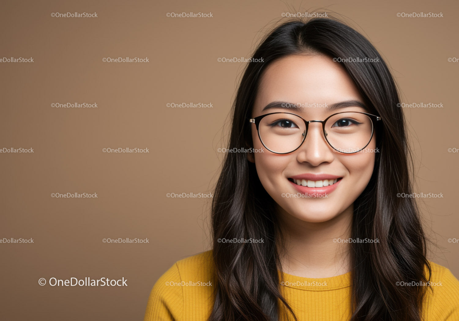 Smiling Woman with Glasses in Studio Portrait Wearing Yellow Sweater