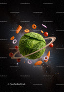 Creative Planet Made of Cabbage with Floating Vegetables