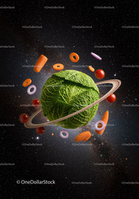 Creative Planet Made of Cabbage with Floating Vegetables