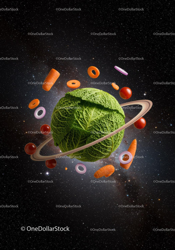 Creative Planet Made of Cabbage with Floating Vegetables
