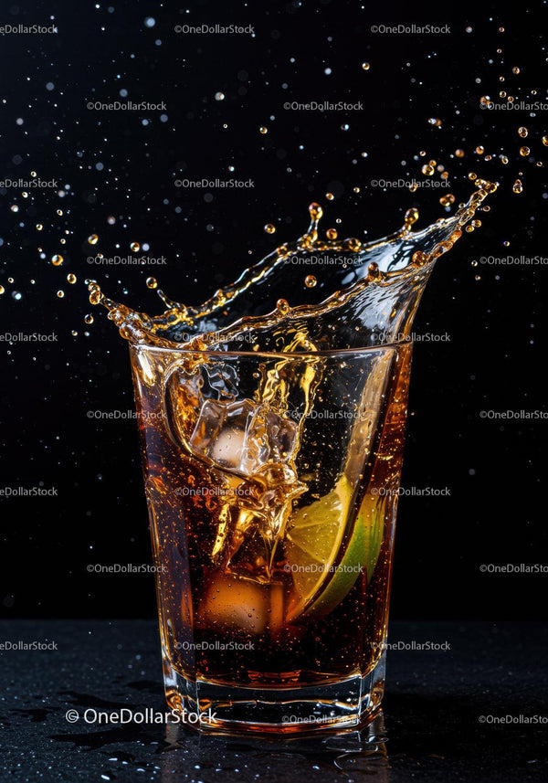 Refreshing cola splash with lime and ice cubes