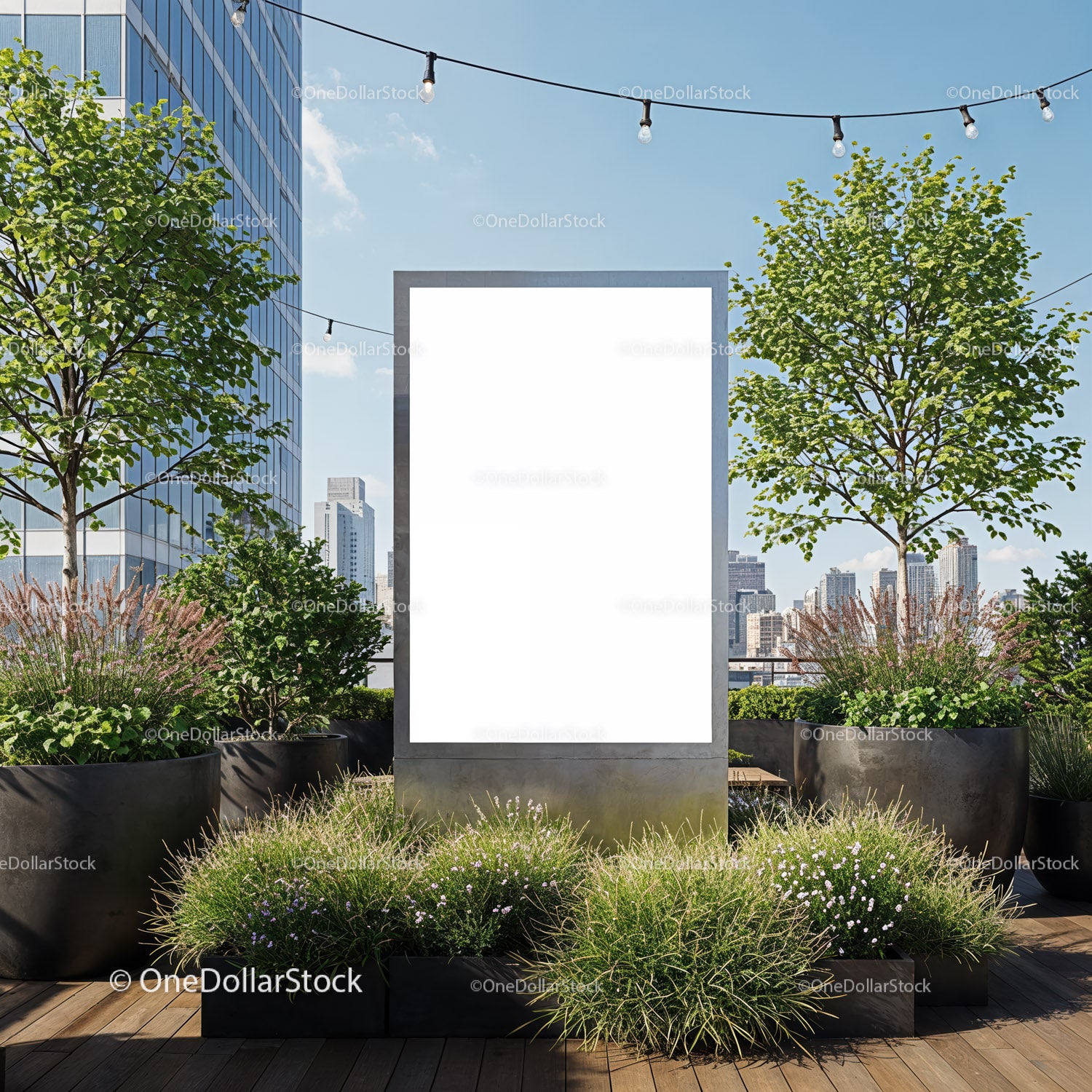 Urban rooftop billboard surrounded by green plants