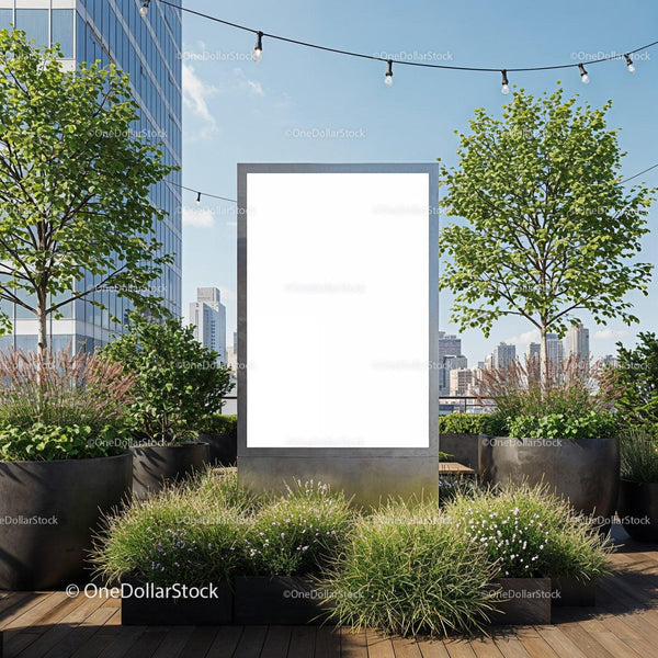 Urban rooftop billboard surrounded by green plants JPG Mockup Image