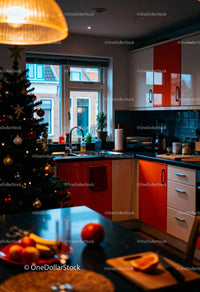 Cozy kitchen with Christmas tree and fresh fruit bowl