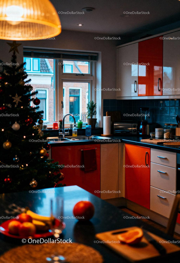 Cozy kitchen with Christmas tree and fresh fruit bowl