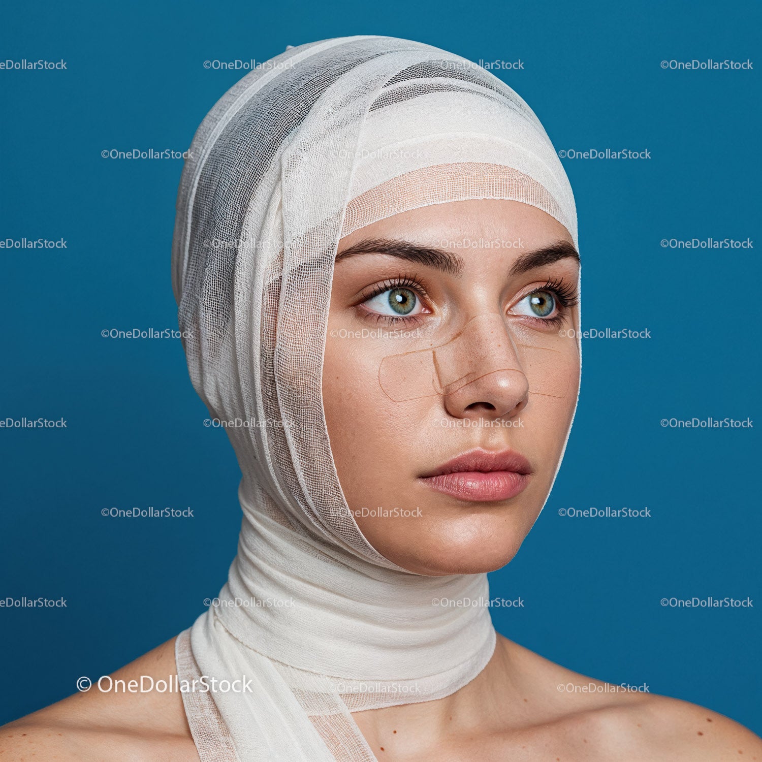 Portret kobiety z zabandażowanym nosem na niebieskim tle