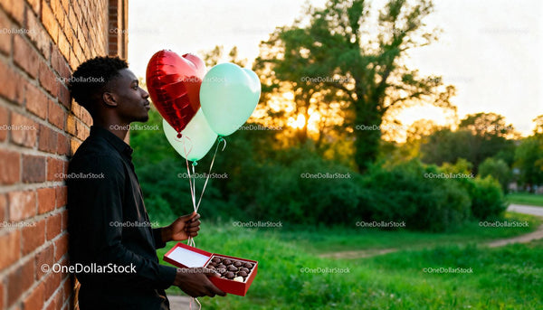 Man with chocolates and balloons enjoying golden hour outdoors