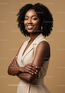 Elegant Confident Woman with Curly Hair in Studio Portrait