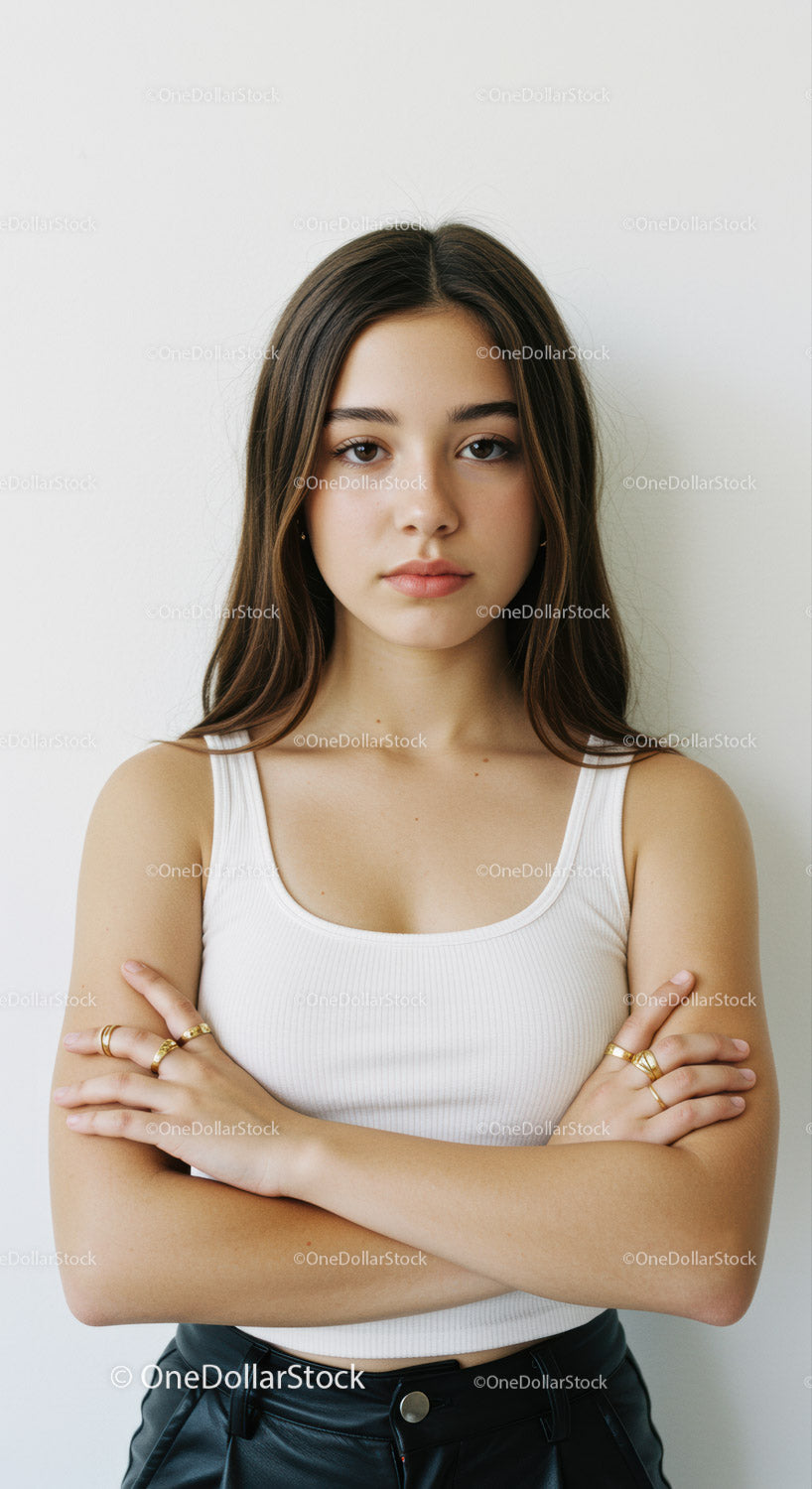 Portret pewnej siebie młodej kobiety w swobodnym stylu z naturalnym pięknem