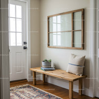 Elegant Rustic Wooden Bench with Mirror and Potted Succulent in Entryway