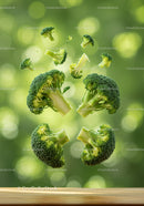 Fresh broccoli florets floating over wooden surface