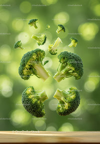 Fresh broccoli florets floating over wooden surface