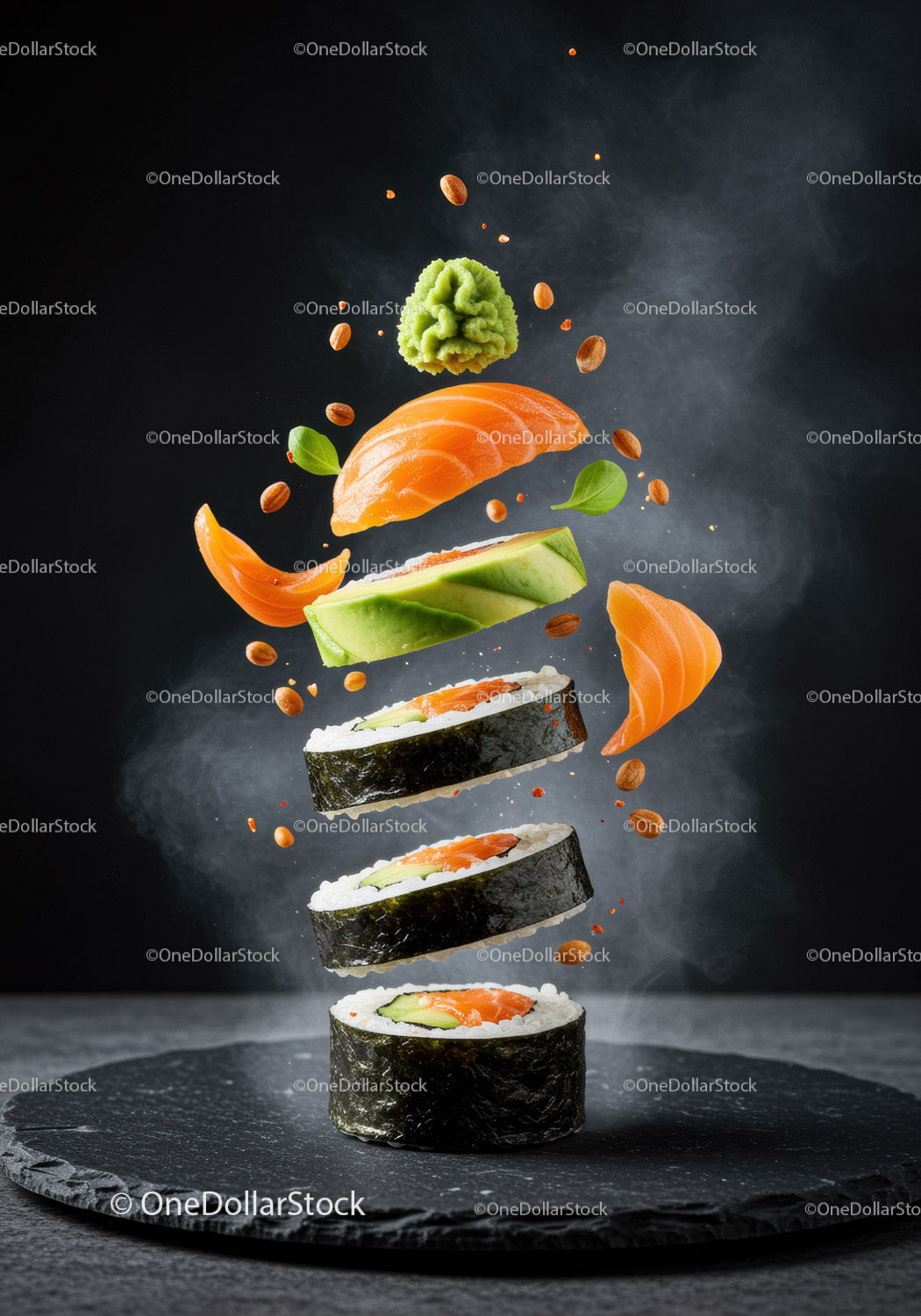 Pływające rolki sushi z łososiem, wasabi i nasionami