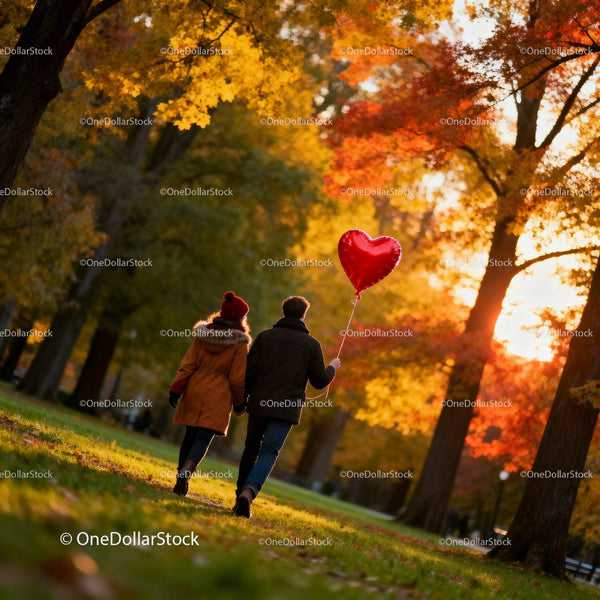 Couple Walking Hand in Hand Holding Heart Balloon