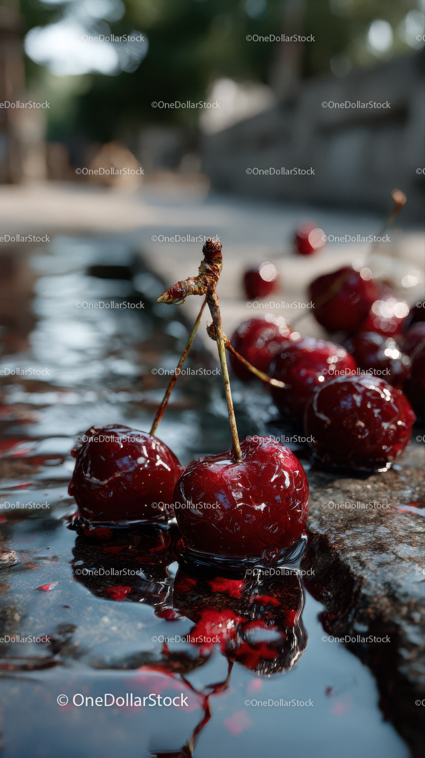 Ripe Red Cherries on a Wet Surface in Summer