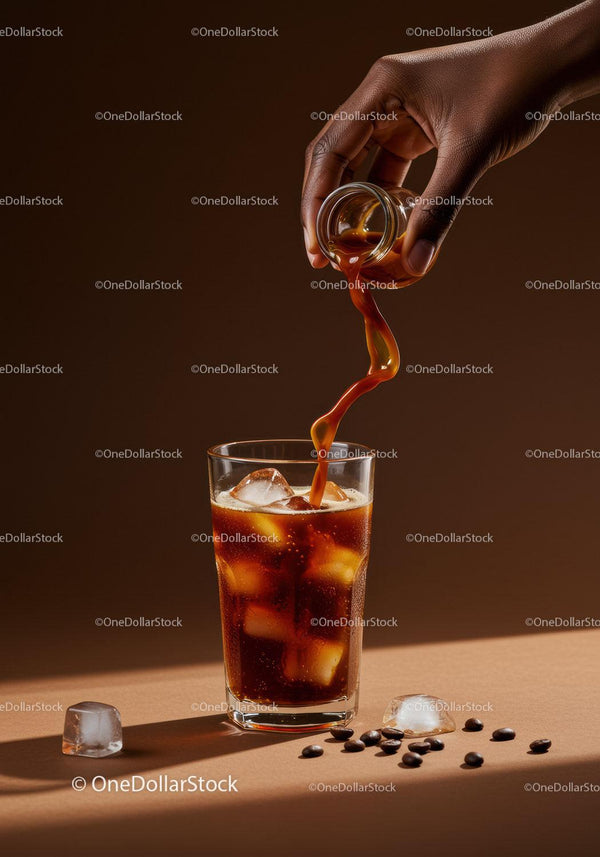 Pouring Cold Brew Coffee Over Ice in Glass