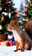 Curious squirrel in snow near decorated Christmas tree