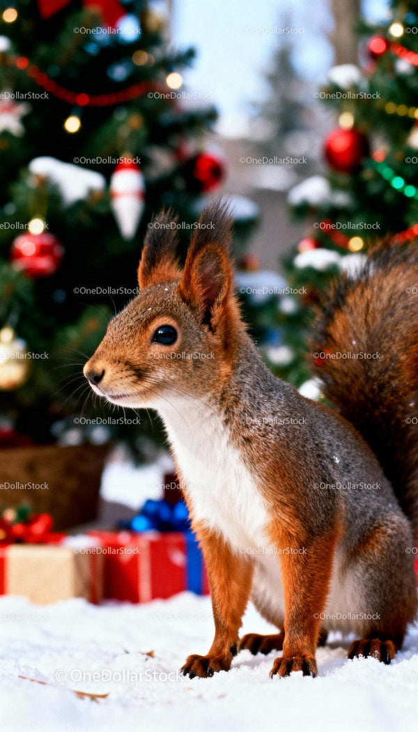 Curious squirrel in snow near decorated Christmas tree