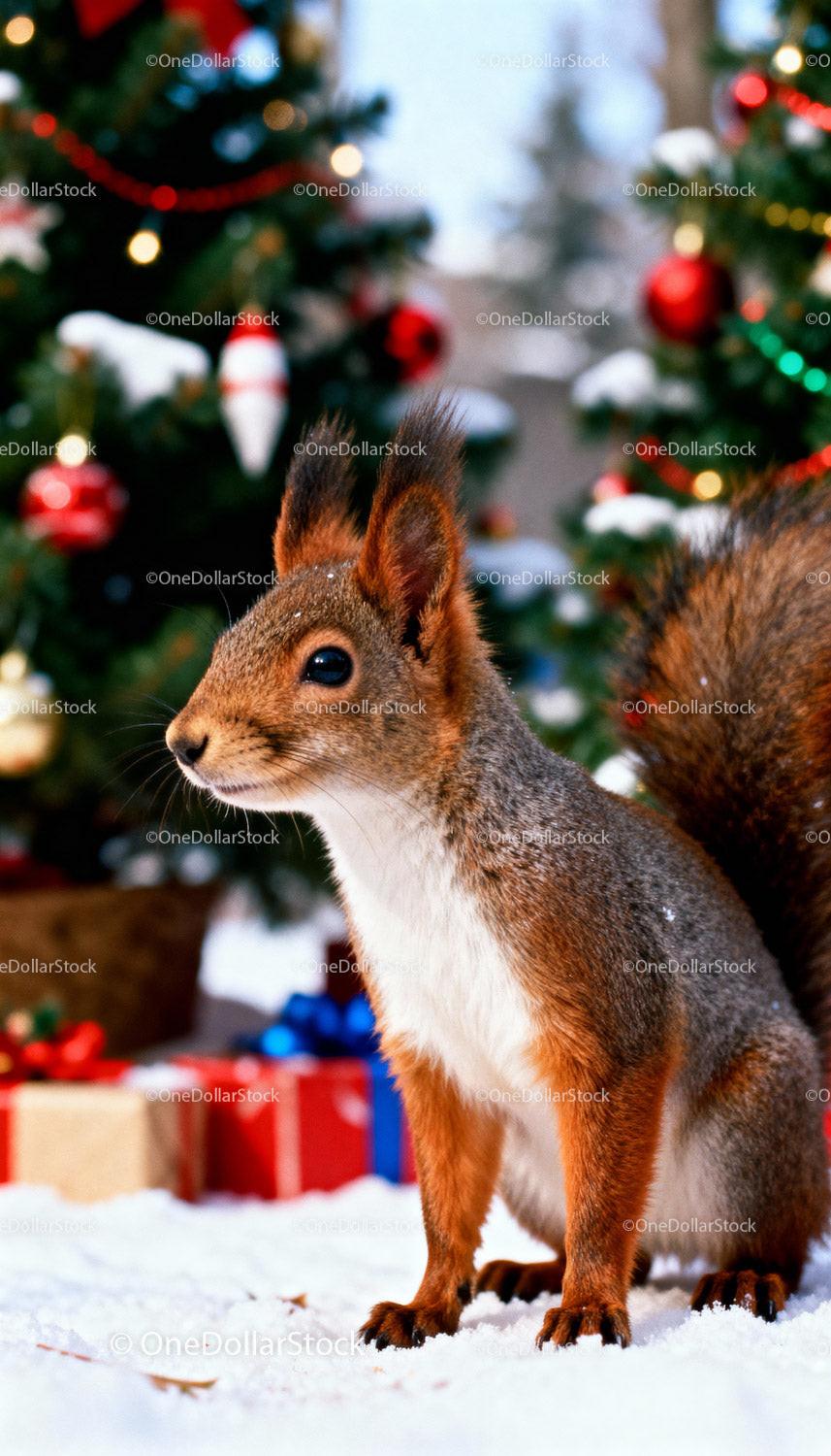 Curious squirrel in snow near decorated Christmas tree