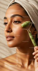 Close-up of Woman Using Jade Roller for Facial Massage in Spa Setting
