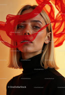 Creative Artistic Makeup Portrait with Red Face Paint and Blonde Hair
