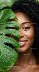 Portrait of Smiling Woman with Tropical Leaf and Water Droplets