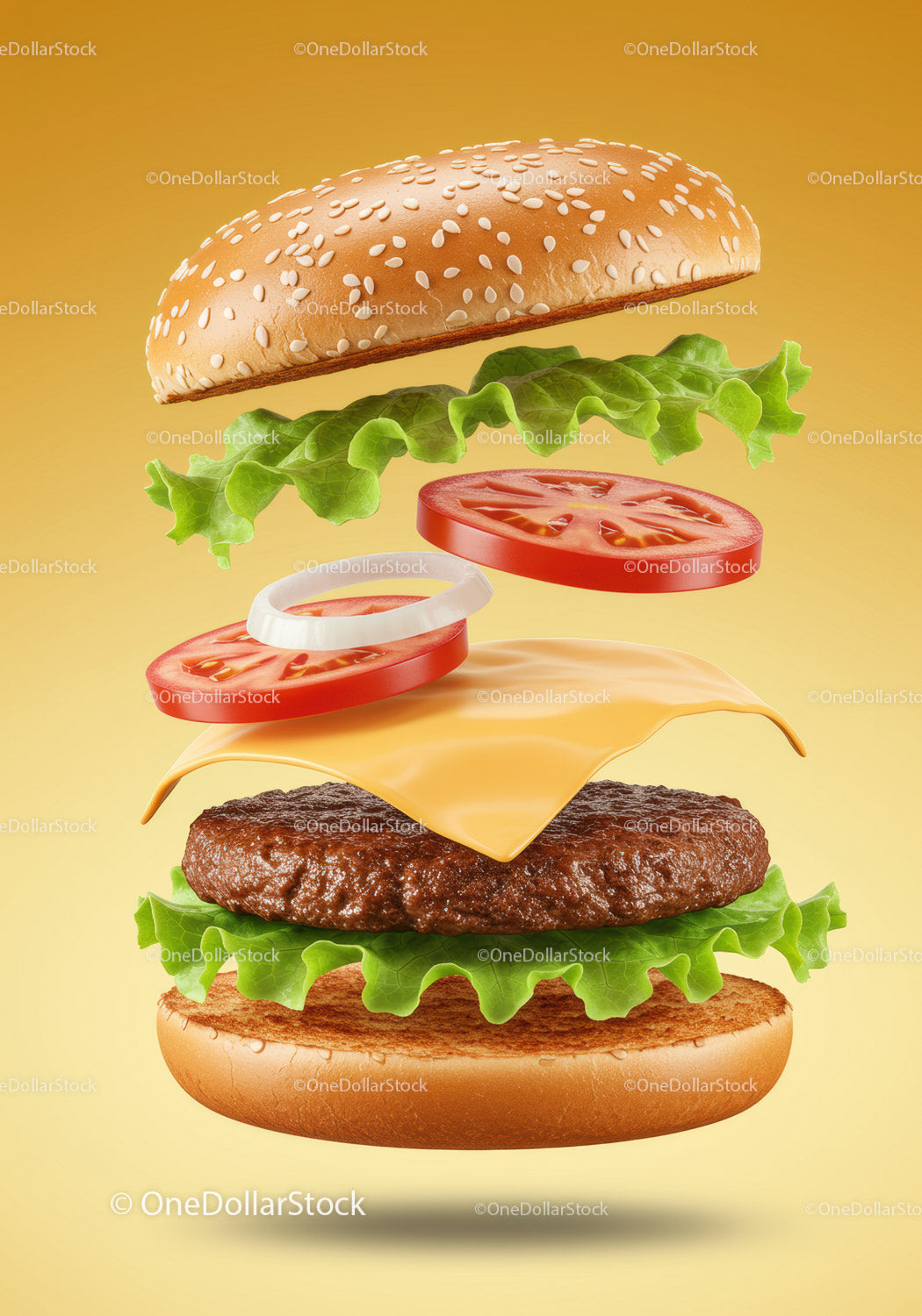 Klasyczne składniki cheeseburgera unoszące się na żółtym tle