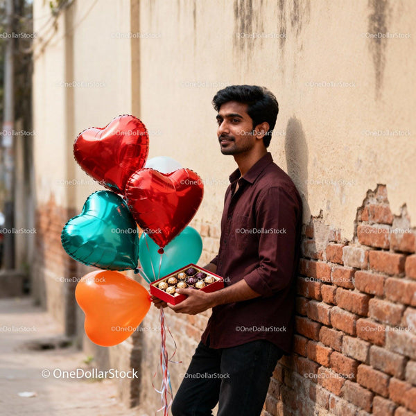Man holding heart balloons and chocolates outdoors