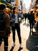 Young woman chatting with friend at lively street market