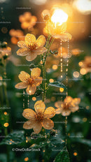 Sunlit Dew-Covered Flowers with Water Droplets in Nature