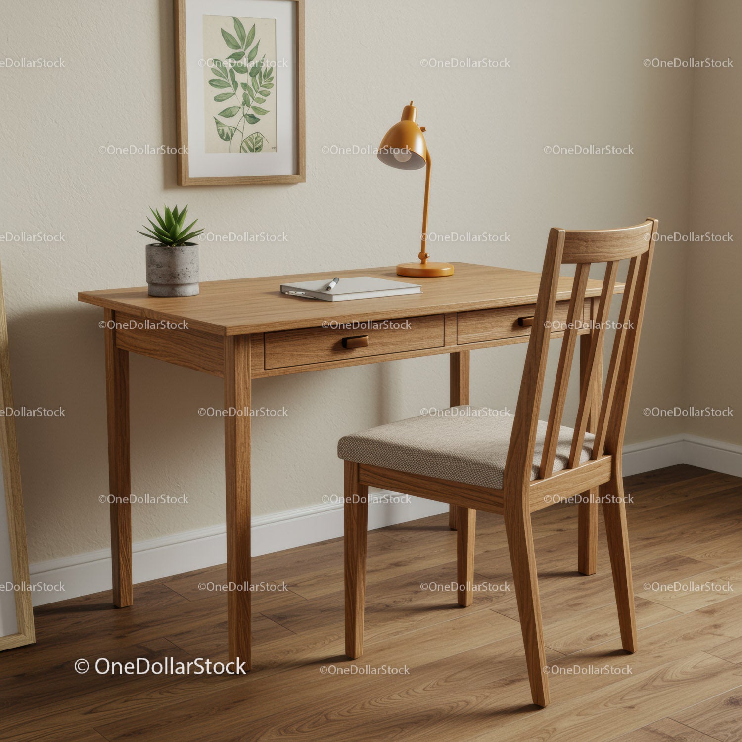 Cozy Wooden Office Desk with Desk Lamp and Green Plant
