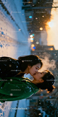 Romantic Winter Kiss at Sunset in Snowy Urban Setting
