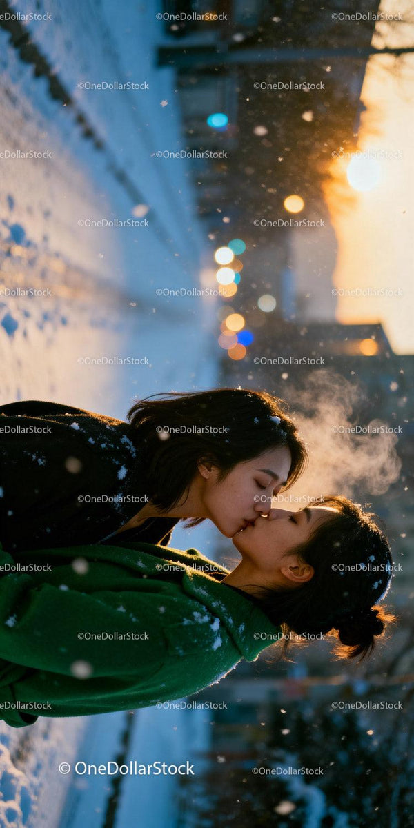 Romantic Winter Kiss at Sunset in Snowy Urban Setting