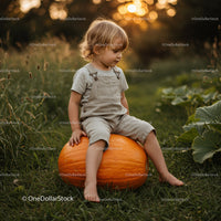 Toddler Sitting on Large Pumpkin in Autumn Field