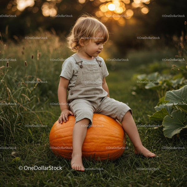 Toddler Sitting on Large Pumpkin in Autumn Field
