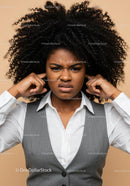 Frustrated Woman Covering Ears with Annoyed Expression