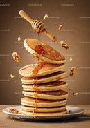 Stack of pancakes with flowing honey and walnuts