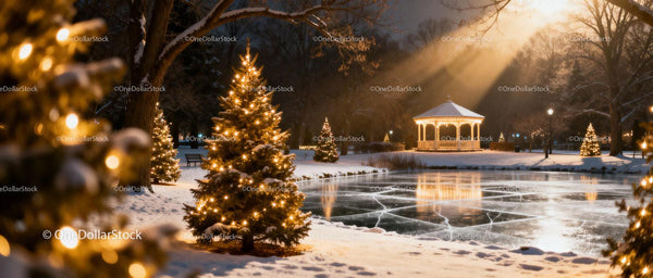 Winter park with illuminated Christmas trees and gazebo