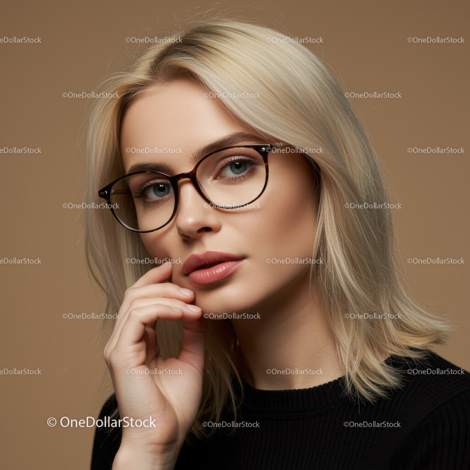 Elegancka blondynka w okularach z ręką na brodzie